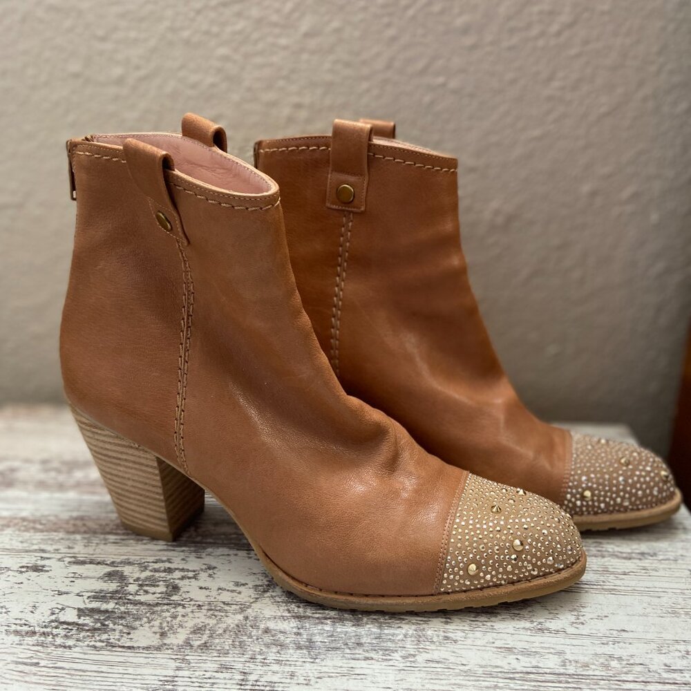 Stuart Weitzman Tan Block Heel Ankle Boot Studded… - image 4